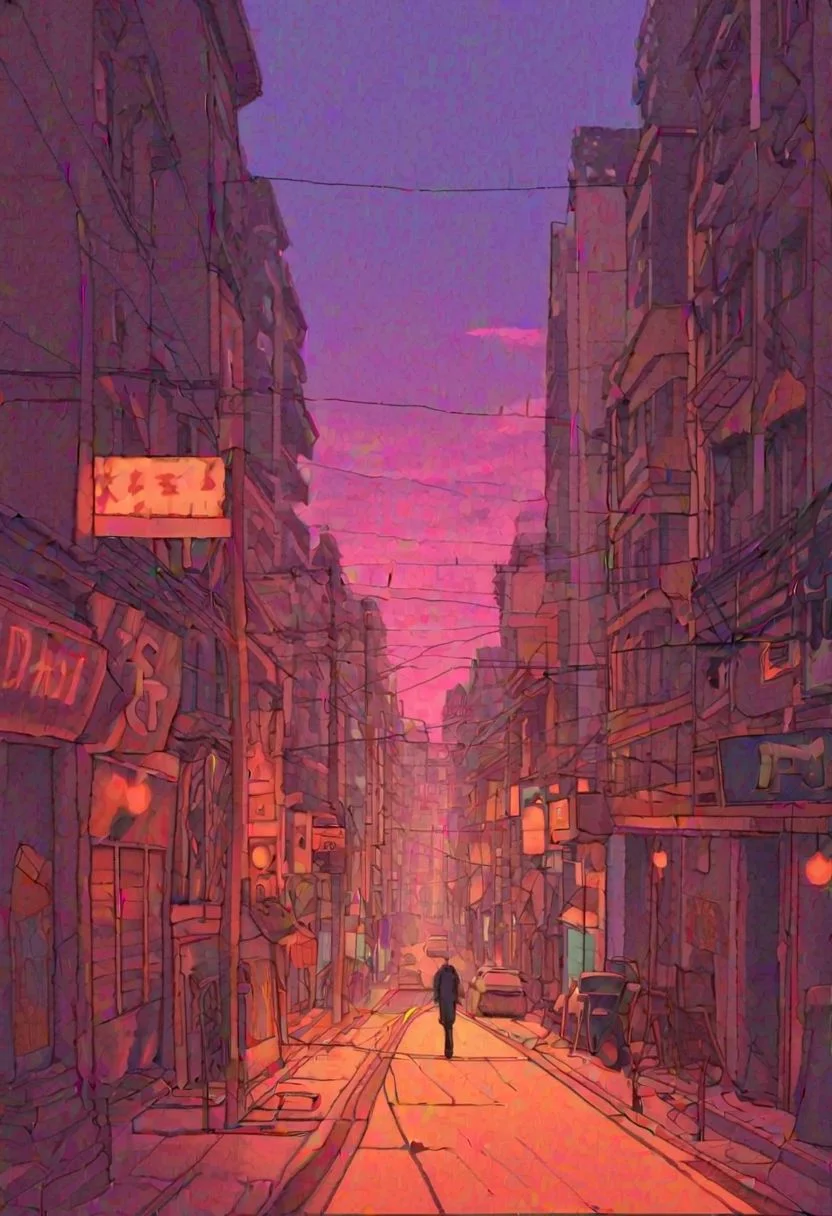 Lo-Fi background
Sketchy Lines
Limited Palette
Imperfections
Expressive Shapes
Muted Tones
Analogous Harmony
Textured Application
Distressed Textures
Low-Tech Materials
Digital Lo-Fi
A lone figure strolled down the deserted street, their footsteps echoing softly against the pavement. The last rays of the sun dipped below the horizon, painting the sky in a mesmerizing blend of deep purple and fiery orange. The city lights began to flicker to life, casting a warm glow on the empty sidewalks and towering buildings. Every detail shimmered with a dreamlike quality, accentuated by the soft hum of distant traffic and the occasional flicker of a neon sign. This was Yofukei at its finest - a melancholic yet strangely beautiful scene where the quiet solitude of the night invited introspection and a yearning for connection amidst the urban sprawl. Every window, bathed in a warm yellow light, hinted at a story waiting to unfold, while the lone figure walking beneath the tapestry of twilight colors became a poignant reminder of the vastness of the city and the fleeting nature of moments.
Empty Street, convenience store ,dim light street light, black anime solo, sky, cloud, indoors, pillow, no humans, window, bed, moon, curtains, building, scenery, sunset, city, sun, cityscape, bedroom, purple sky