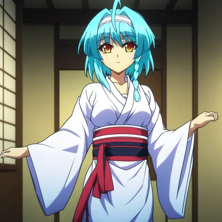 score_9, score_8_up, score_7_up, source_anime, NonakaYuki, 1girl, solo, closed mouth, light smile, blush, aqua hair, yellow eyes, side braid, YukiWedding, japanese clothes, (hood:1.2), white kimono, red sash, standing, looking at the viewer, indoors