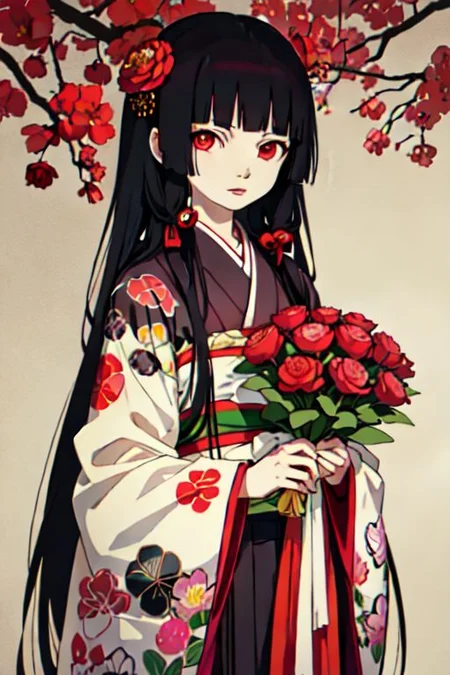 enma ai, hair down, hair black, bangs, eyes red, masterpiece, best quality, ultra-detailed, illustration, 1girl, solo, highres, photorealistic, ultra high res, (Original illustration composition), (fusion of limited color,Maximalism artstyle, kimono obi fashion, double exposure, background, illustration, Amazing, lily spider, night darkness, open one's mouth, middle finger show, bouquet flowers red, low twintails, (polychromatic peony:1.15), Movie poster,