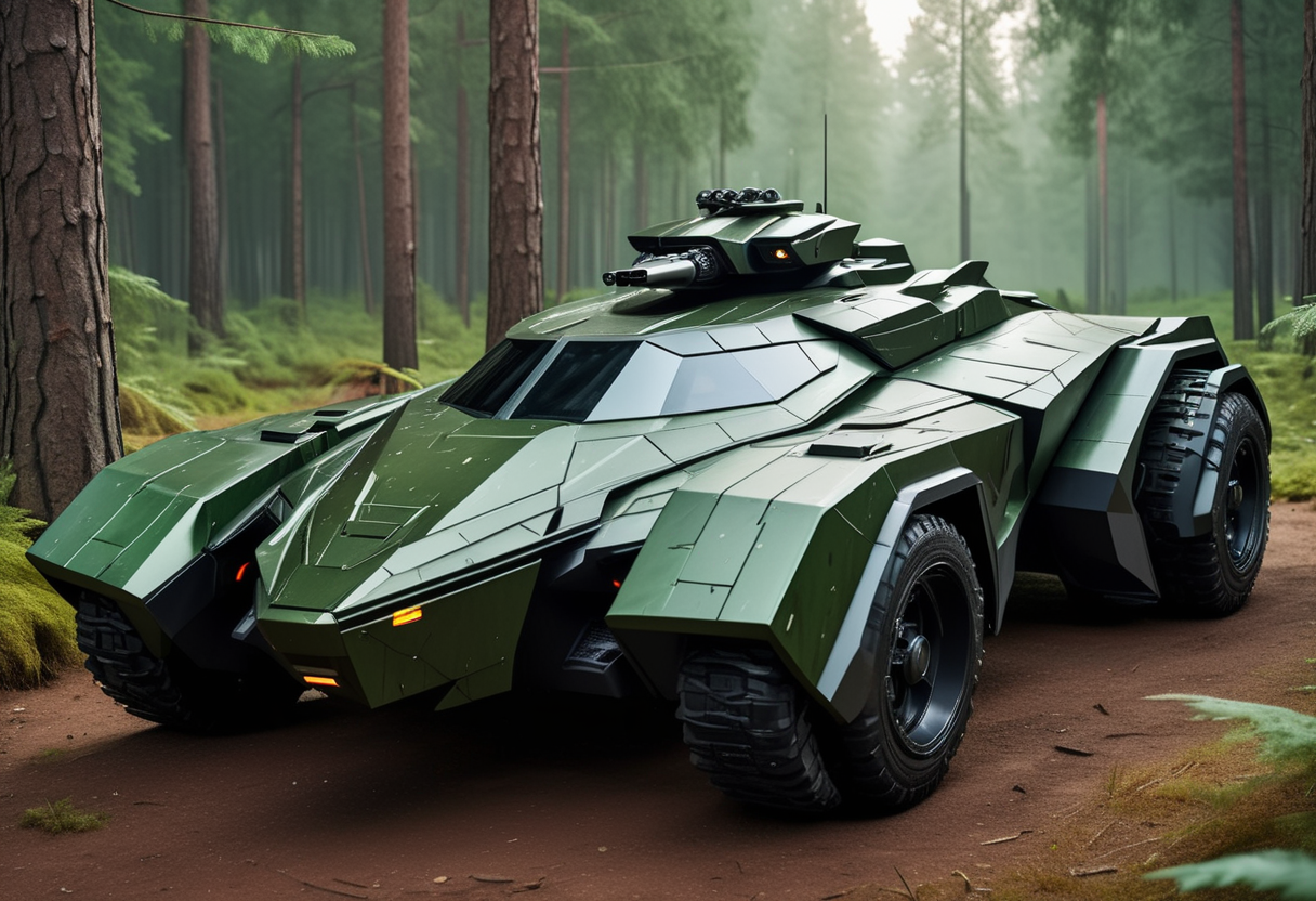 (medium full shot) of (high-tech heavy green futuristic armored car, batmobile style) with reactive armor, elegant design, hybrid engine, stealth coating, adorned with camouflage netting, set in  a peaceful forest, with tall pines, gentle streams, a variety of bird species, a calm, soothing environment, during a dawn operation, ,Masterpiece,best quality, raw photo, realistic, very aesthetic