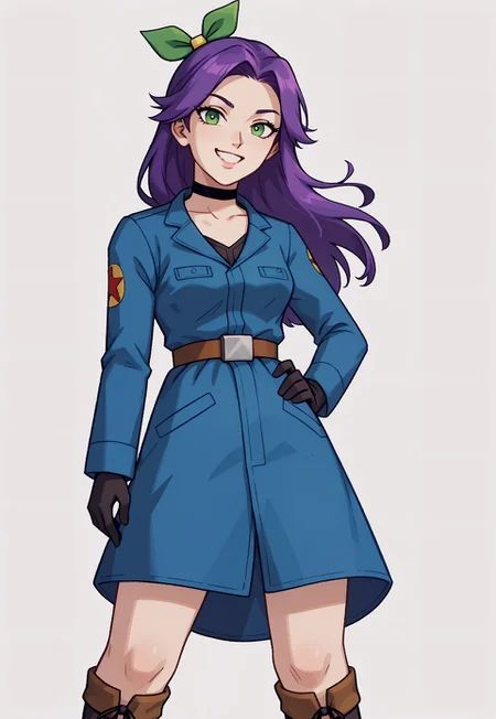 safe_pos, score_9, score_8_up, score_7_up, score_6_up, source_anime, 1girl, white background, (NSAbigailStardew:1.3), purple hair, green eyes, long hair, parted bangs, black choker, (green hair ribbon:1.3), gloves, boots, belt, uniform, military uniform, looking at viewer, smile, grin, cowboy shot, weapon, medium breasts, sexy face, hand on hip, detailed face, detailed green eyes,
