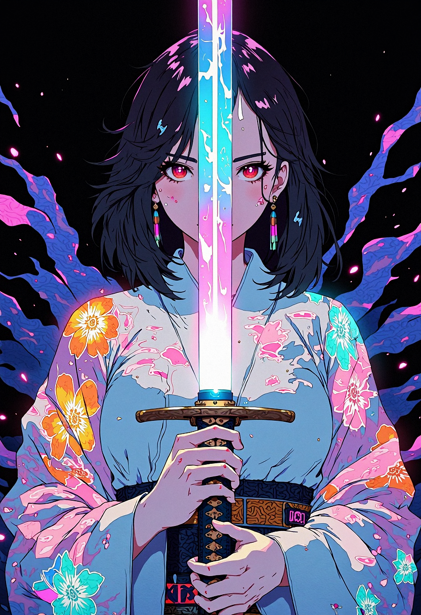 A woman with shoulder-length wavy black hair is shown from the torso up, holding a glowing katana in front of her. She is wearing a traditional kimono that is white with iridescent, vibrant floral patterns in shades of pink, orange, blue, and green. The katana has a glowing, rainbow-colored blade, with the hilt held firmly in both her hands. Her expression is calm, her gaze lowered. The kimono drapes softly over her form, and colorful, ethereal flowers seem to emerge from the fabric. The background is dark and minimal, which contrasts sharply with the vibrant light coming from the sword and the glowing floral patterns on her clothing. The lighting emphasizes the soft glow of the sword and flowers, creating a magical, serene atmosphere. The perspective is a close-up shot focusing on the upper half of her body, highlighting the intricate details of her kimono and the vibrant, colorful light effects.   <lora:CPA:0.93> <lora:anime_martzv2:0.53> anime_martz,  <lora:RetroAnimeFluxV1:0.33>