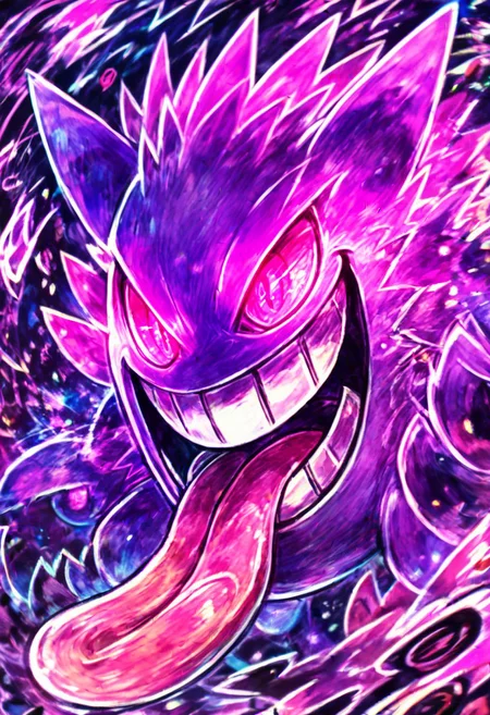 score_9, score_8_up, score_8,
gengar, no humans, gengar, :d, blurry, creatures (company), game freak, gen 1 pokemon, glowing, glowing eyes, kaosu (kaosu0905), nintendo, no humans, open mouth, pink eyes, pokemon, pokemon (creature), signature, smile, solo, teeth, tongue, tongue out