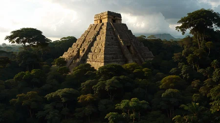 A Mayan pyramid rising above the jungle canopy, where ancient carvings tell stories of civilizations long past,  <lora:SDXLFaeTastic2400:0.8>, Overcast Light,  <lora:EnvyFeverDreamXL01a:0.7>,   <lora:The_Classic:0.8>