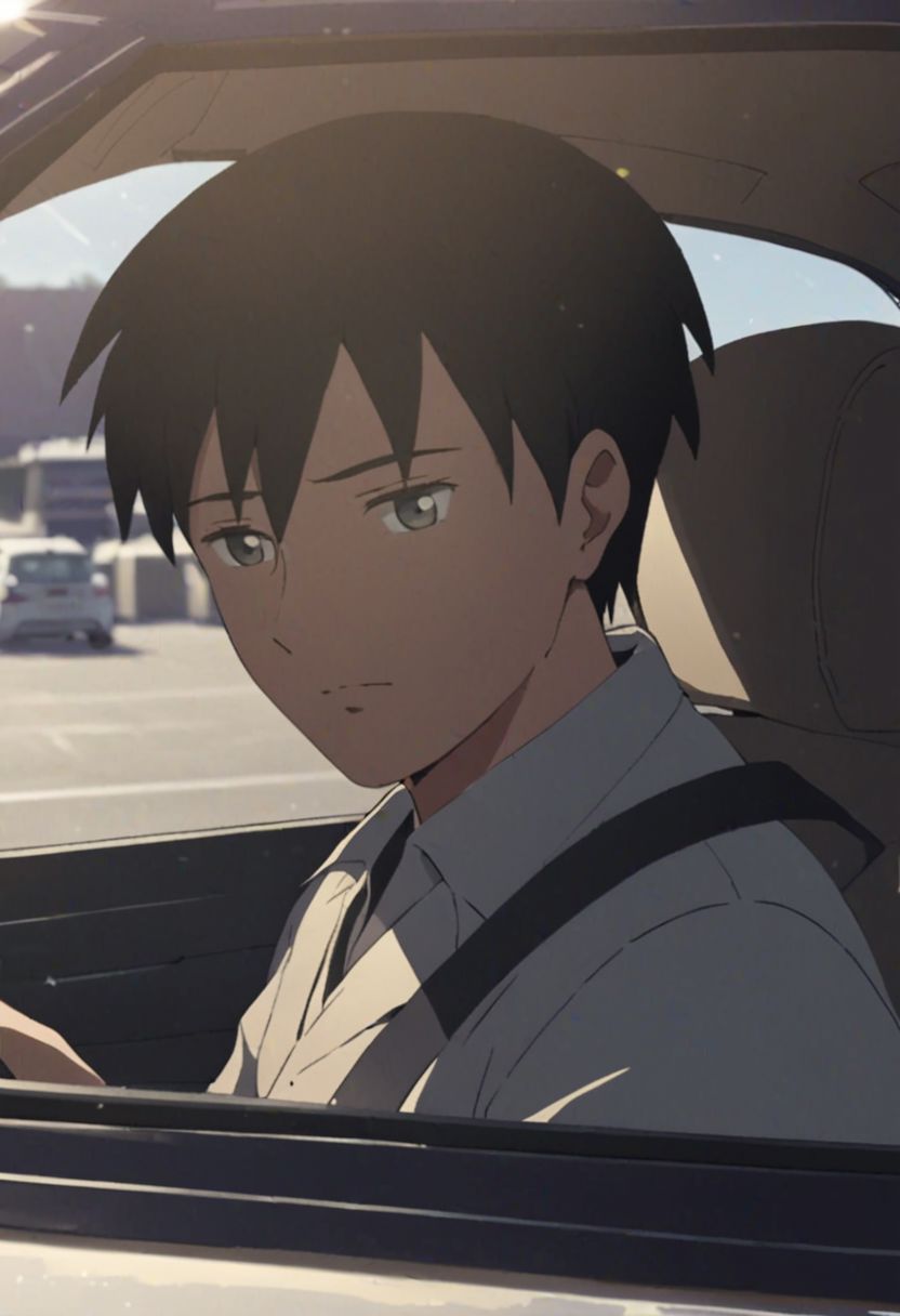 Highres, Masterpiece, High Quality, 4K, 8K, solo, 1Boy, Takaki Toono, adult, black hair, short hair, driving a car, in a car, parking lot, concentration, serious, focused, tired, cheerful, sunny weather, easynegative, detailed_eye_model