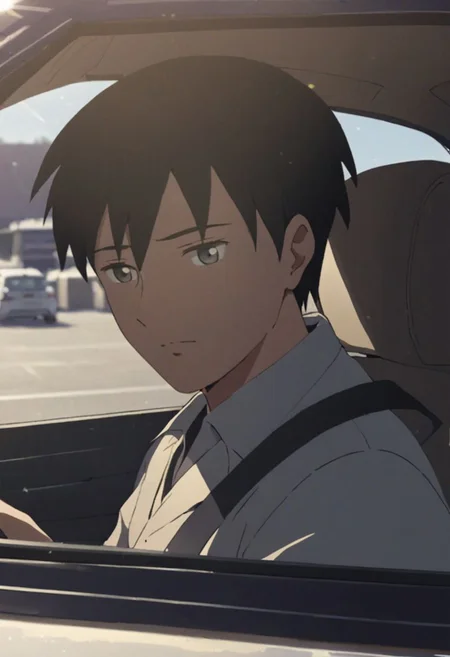 Highres, Masterpiece, High Quality, 4K, 8K, solo, 1Boy, Takaki Toono, adult, black hair, short hair, driving a car, in a car, parking lot, concentration, serious, focused, tired, cheerful, sunny weather, easynegative, detailed_eye_model