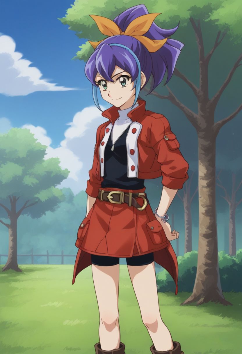 score_9, score_8_up, score_7_up, source_anime, highly detailed, 
celina, 1girl, solo, blue hair, purple hair, ponytail, bike shorts, bow, multicolored hair, two-tone hair, green eyes, hair bow, jacket, upper body, bracelet, jewelry,
smile, boots, belt, open jacket, black shirt, buttons, red skirt
outdoor, sky, tree,