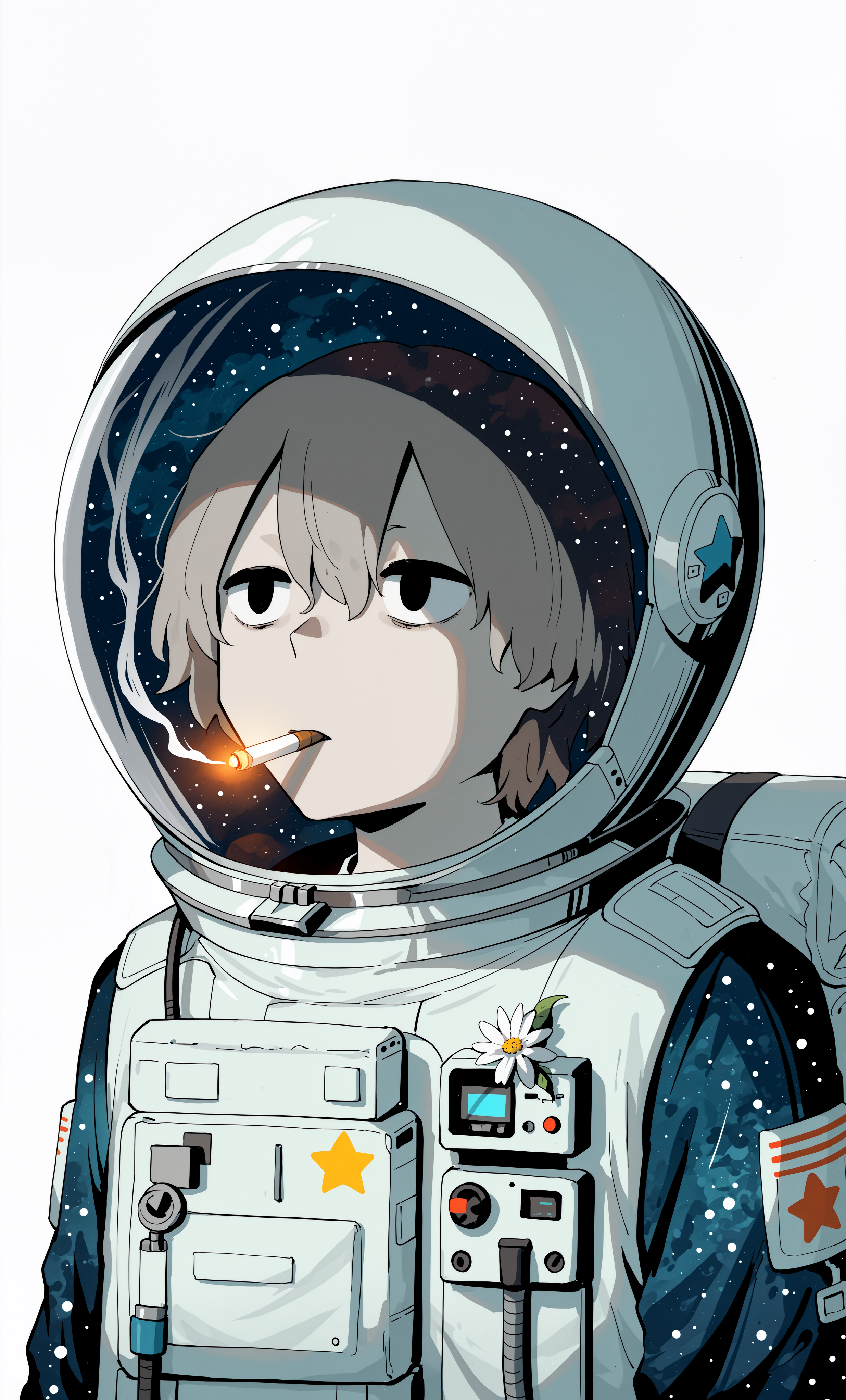 masterpiece, best quality,high quality, newest, highres,absurdres,  traditional media,  avogado6, cigarette, smoking, 1boy, smoke in space helmet, star (sky) smoke, solo, male focus, space helmet, sky in space helmet , white flower, star (sky) in space helmet, starry sky in space helmet,  simple background, grey hair, mouth hold, white background, black eyes <lora:avogado6_Style_IL:1>