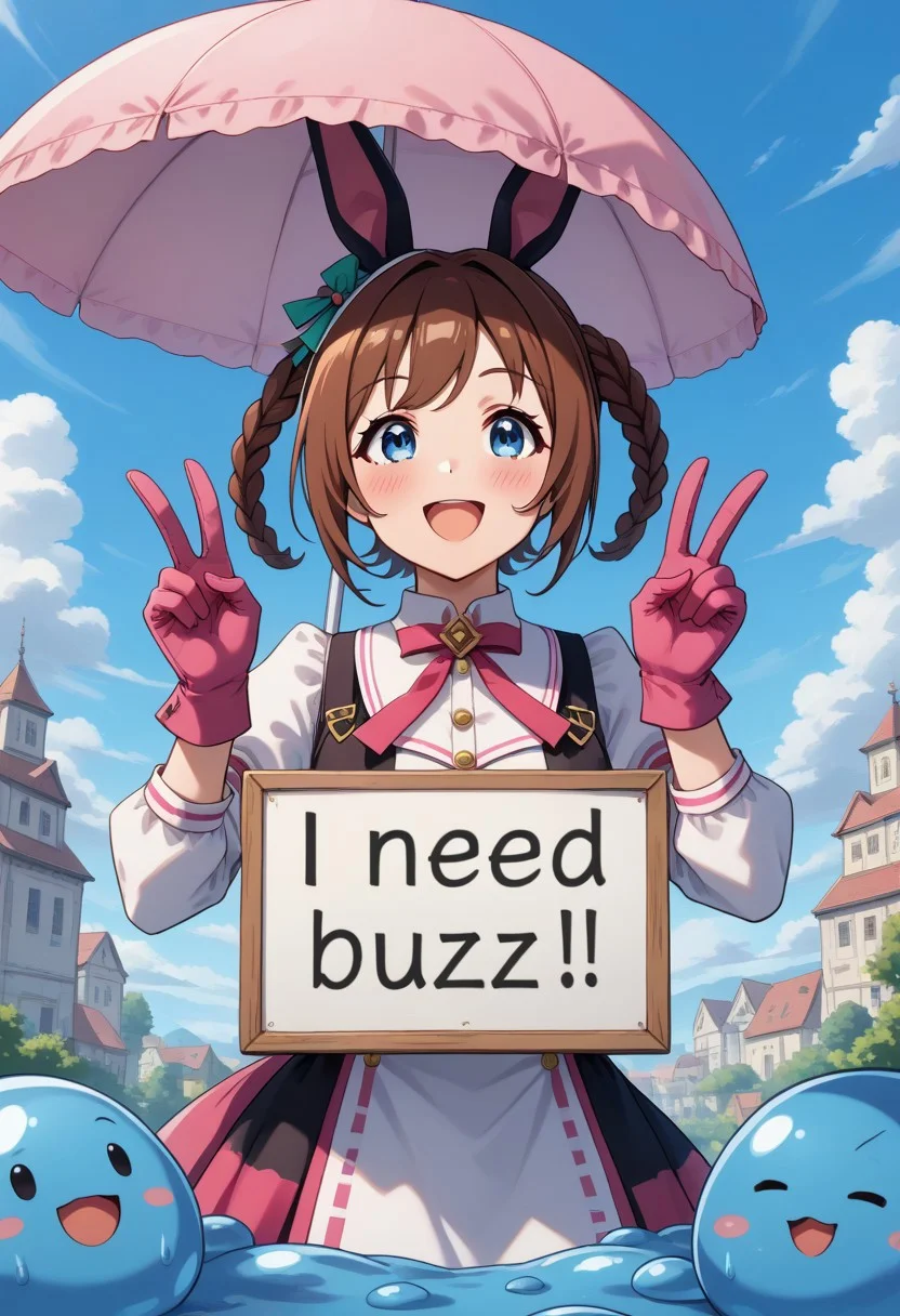 ,(need_buzz, holding sign, slime-morph) umamusume, tokai_teio_(umamusume),1girl, source_anime, holding umbrella, looking up, puzzle pieces falling from the sky, 1girl, pink_gloves, blue_eyes, brown_hair, double_v, gloves,  bunny_ears, bunny_girl, bunny_tail, long_hair, looking_at_viewer, mismatched_gloves, open_mouth, braided pigtail, , smile, tail, v, pink_gloves,,