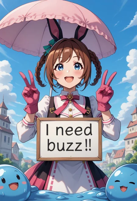 ,(need_buzz, holding sign, slime-morph) umamusume, tokai_teio_(umamusume),1girl, source_anime, holding umbrella, looking up, puzzle pieces falling from the sky, 1girl, pink_gloves, blue_eyes, brown_hair, double_v, gloves, bunny_ears, bunny_girl, bunny_tail, long_hair, looking_at_viewer, mismatched_gloves, open_mouth, braided pigtail, , smile, tail, v, pink_gloves,,
