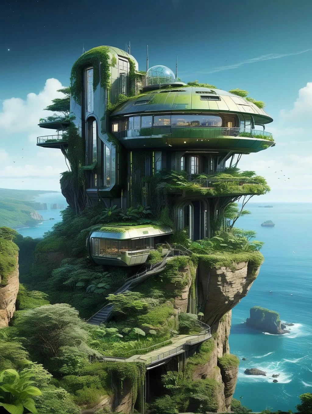 Concept art of a futuristic house built on the edge of a cliff, surrounded by lush green plants and trees, overlooking a vast ocean, star sky
WastCity <lora:Wasteland_City_XL:0.7>