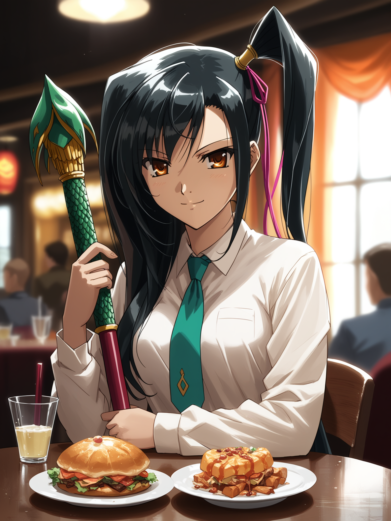 <lora:happy_tentacle-kanu-v0.1-000010:0.9>, ht_kanu, hair ribbon, one side up, indoors, restaurant, table, (people:1.2), on lap , polearm, holding weapon , cowboy shot, 1girl, (petite:1.2), solo focus, smile, , (looking at viewer:1.1), backlighting, (depth of field:0.8), , [(realistic, photorealistic:1.3):(realistic:1.3):22], [(3d:1.2)::10], <lora:LUUNA's Lunas-NijiJourney-SDXL-B2:0.5>, nijijourney, <lora:prgfrg23's Counterfeit-V3.0 Style SDXL_LoRA_Pony Diffusion V6 XL:0.3> <lora:Shed_The_Skin's StS_age_slider_v1_initial_release:-1>, score_9, score_8_up, score_7_up, score_6_up, score_5_up, score_4_up,