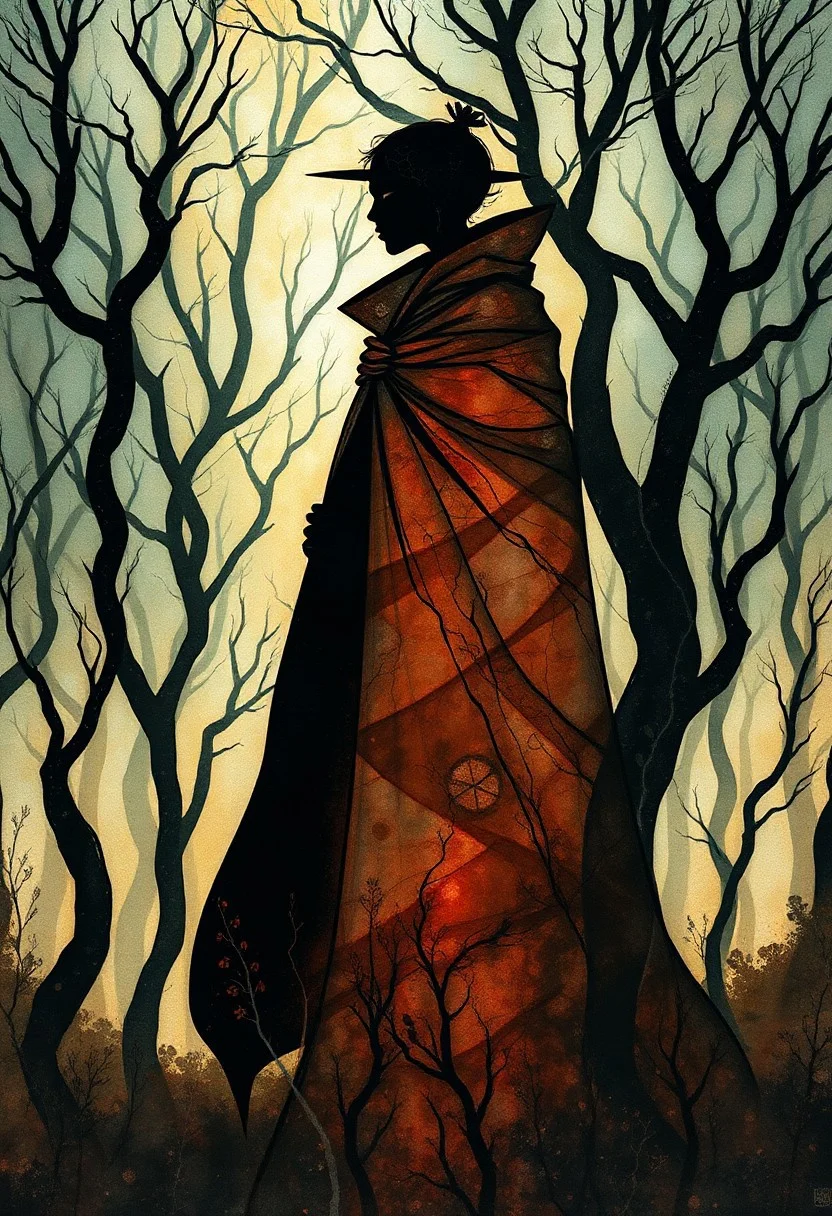 A mysterious fashion-forward figure in a billowing cloak standing in a glowing, misty forest, their silhouette sharply defined by deep shadows while the trees twist and bend in whimsical style., mixed media, fluid ink work, tea and alcohol stains, intricate linework, surreal elements, ethereal portraits, organic patterns, vibrant colors, flowing compositions, dreamlike aesthetics, abstract realism, layered textures, expressive forms, botanical motifs.
Venetian Renaissance painting, mystical allegory, dark surreal storytelling, sfumato technique, poetic atmospheric landscapes, rich layered symbolism, esoteric mythology, dreamlike realism, cosmic horror undertones, enigmatic figures, painterly textures, philosophical depth, reality and illusion blurred, ancient mythic storytelling, introspective narrative composition