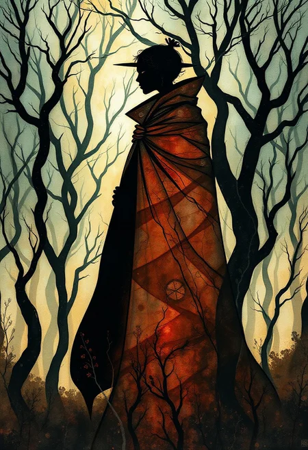 A mysterious fashion-forward figure in a billowing cloak standing in a glowing, misty forest, their silhouette sharply defined by deep shadows while the trees twist and bend in whimsical style., mixed media, fluid ink work, tea and alcohol stains, intricate linework, surreal elements, ethereal portraits, organic patterns, vibrant colors, flowing compositions, dreamlike aesthetics, abstract realism, layered textures, expressive forms, botanical motifs.
Venetian Renaissance painting, mystical allegory, dark surreal storytelling, sfumato technique, poetic atmospheric landscapes, rich layered symbolism, esoteric mythology, dreamlike realism, cosmic horror undertones, enigmatic figures, painterly textures, philosophical depth, reality and illusion blurred, ancient mythic storytelling, introspective narrative composition