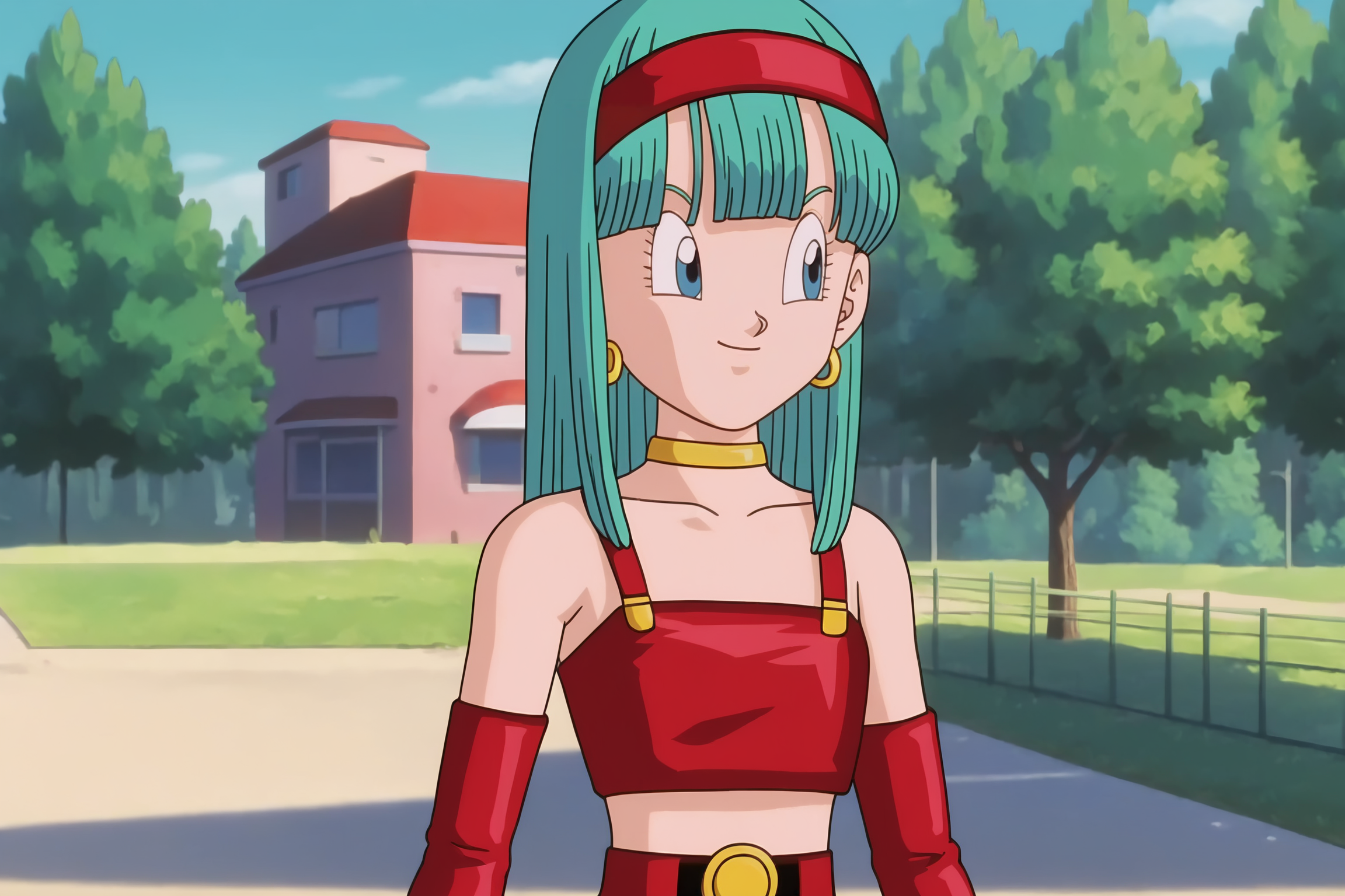 source_anime, score_9, score_8_up, score_7_up, anime screencap, absurdres, high quality,
bra \(dragon ball\), dragon ball gt, official style, swinging, 1girl, solo, long hair, smile, nature, tree, outdoors, blurry background, playground, upper body, aqua hair, bridal gauntlets, eyelashes, blunt bangs, hoop earrings, eyebrows, bare shoulders, red hairband, blue eyes, red armwear, red crop top, midriff, pointy nose, raised eyebrows, looking to the side, choker, collarbone, leather, straight hair
<lora:Bra_v2:0.8>