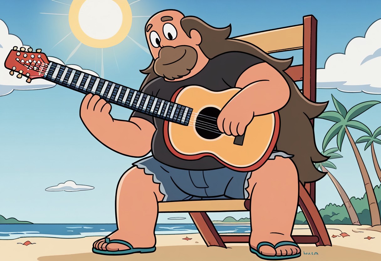 male focus, solo, sandals, shirt, shorts, brown hair, black shirt, facial hair, long hair, flip-flops, short sleeves, flat color, beard, fat, detail background, 4k, masterpiece, best quality, highly detailed, sitting in a beach chair with a guitar, looking at the horizon as the sun sets. The perspective is from a low angle, capturing the ocean and the sunset behind it.