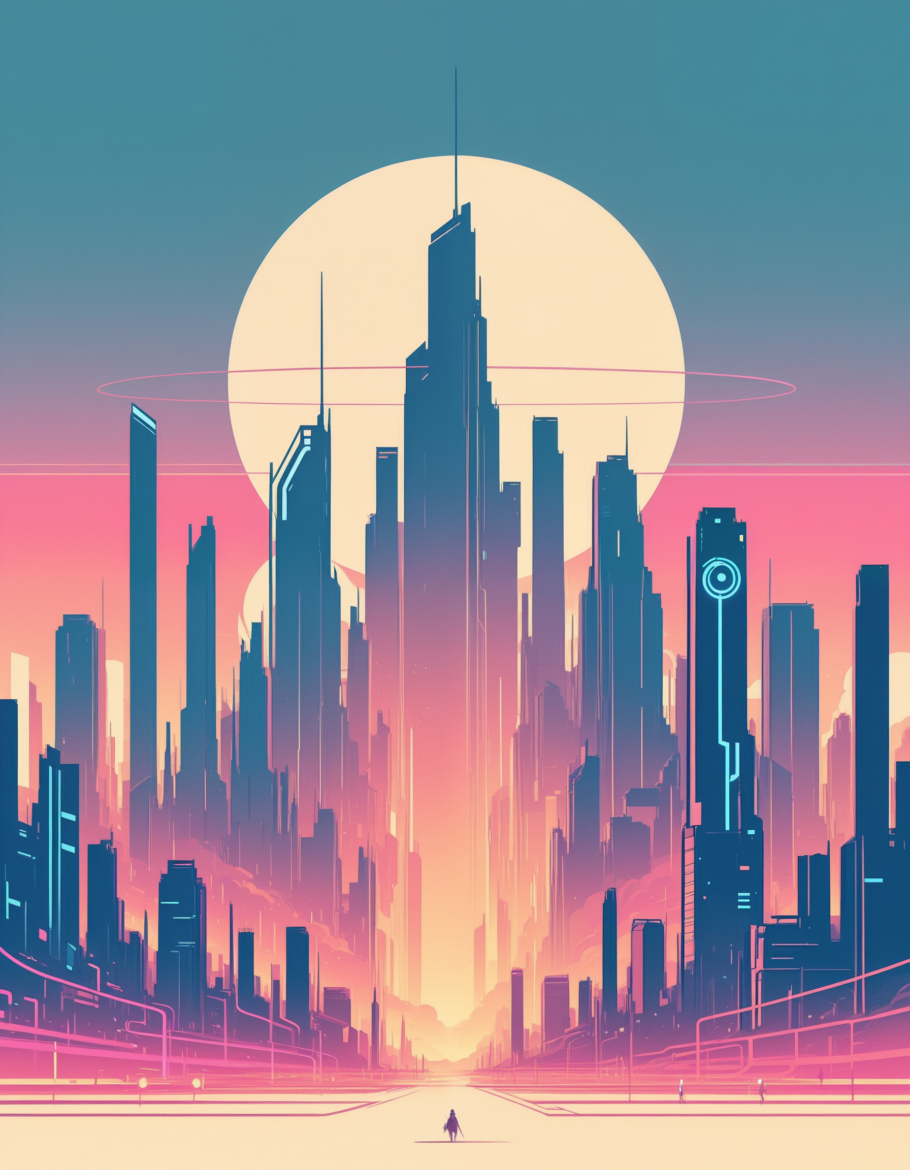 minimalistic, flat color, no lineart, sci-fi skyline, gigantic buildings, colorful   neon lights, sunset sky