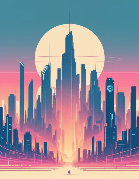 minimalistic, flat color, no lineart, sci-fi skyline, gigantic buildings, colorful neon lights, sunset sky