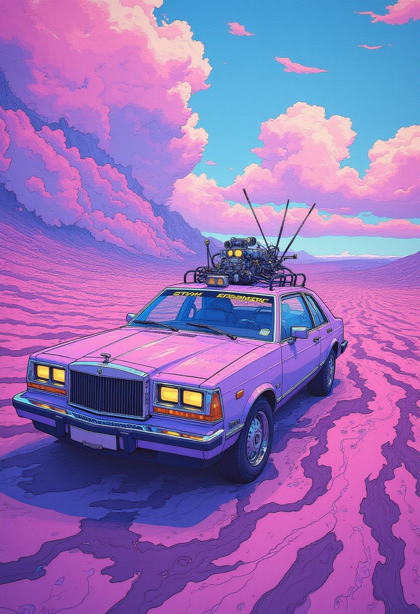 oil painting,Fantastical a 1970s car,Swirling Lavender,unreal engine,beautiful,masterpiece,exquisite color,fabulous colors,professional fine composition,grand illumination,dynamic cinematic perfect background,intricate artistic color,magical,intricate,illustrious,cute,fertile,anime, cyberpunk