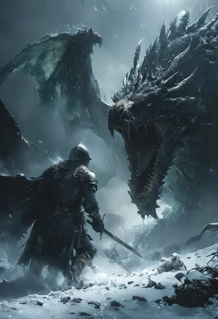 Very dark focused flash photo, amazing quality, masterpiece, best quality, hyper detailed, ultra detailed, UHD, perfect anatomy, portrait, dof, hyper-realism, majestic, awesome, inspiring. Capture the thrilling showdown between the templar knight and the colossal malevolent frost dragon in an epic battle amidst swirling snow and ice, snowy forest, icy mountains, frozen lake. Embrace the action and chaos as these formidable forces clash in the heart of the wintry landscape. Cinematic composition, soft shadows, national geographic style, (scary, horror, gore, blood, violence:1), (broken exploded trees), (shattered trees), (ice breathing dragon), (freezing inferno), (fallen pine trees:1.3).
,
<lora:zavy-cntrst-sdxl:0.45>,
 <lora:extremely_detailed_SDXL:0.3> extremely detailed,
 <lora:xl_more_art-full_v1:0.45>, <lora:XL_boss_battle:1.25> Bosstyle,
 <lora:Dark_Novel:0.5>,
 <lora:spotlight:0.6> dark theme, looking to the side, silhouette