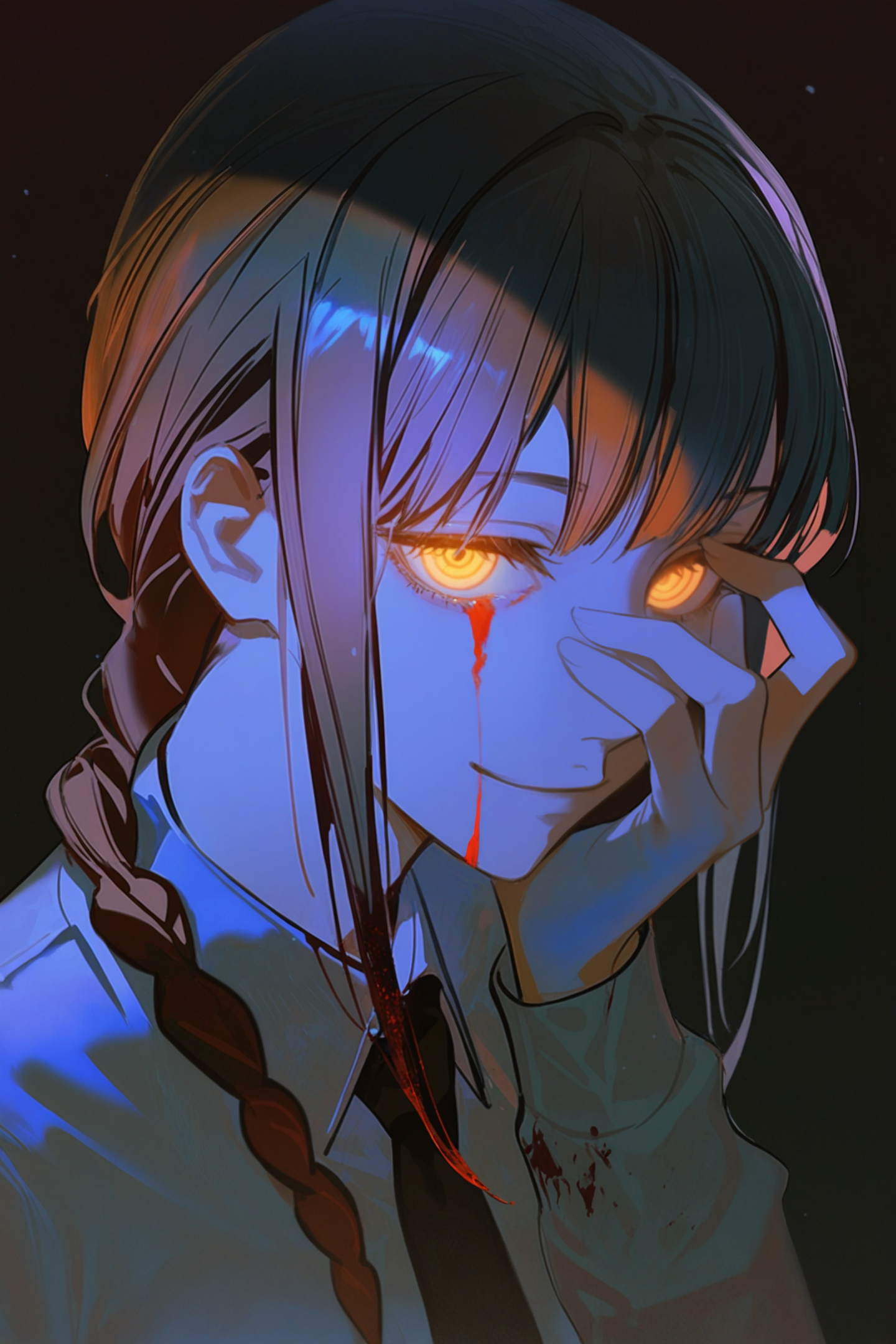 artist:yoneyama mai,artist:john kafka,artist:wanke,artist:ask \(askzy\),1girl,makima \(chainsaw man\),mature female,tall female,petite,medium breasts,smile,(half-closed eyes:0.8),necktie,collared shirt,standing,head tilt,looking at viewer,face focus,close-up,from side,blue theme,deep glow effect,cinematic lighting,dramatic lighting,light particles,dark theme,black background,simple background,hand on own face,peeking through fingers,glowing eyes,blood on face,blood,blood on hands,, best quality,amazing quality,very aesthetic,absurdres,beast quality,masterpiece
