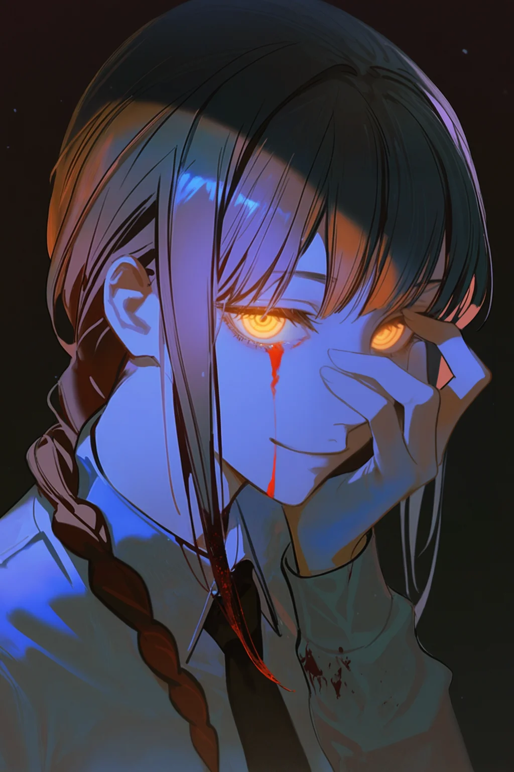 artist:yoneyama mai,artist:john kafka,artist:wanke,artist:ask \(askzy\),1girl,makima \(chainsaw man\),mature female,tall female,petite,medium breasts,smile,(half-closed eyes:0.8),necktie,collared shirt,standing,head tilt,looking at viewer,face focus,close-up,from side,blue theme,deep glow effect,cinematic lighting,dramatic lighting,light particles,dark theme,black background,simple background,hand on own face,peeking through fingers,glowing eyes,blood on face,blood,blood on hands,, best quality,amazing quality,very aesthetic,absurdres,beast quality,masterpiece