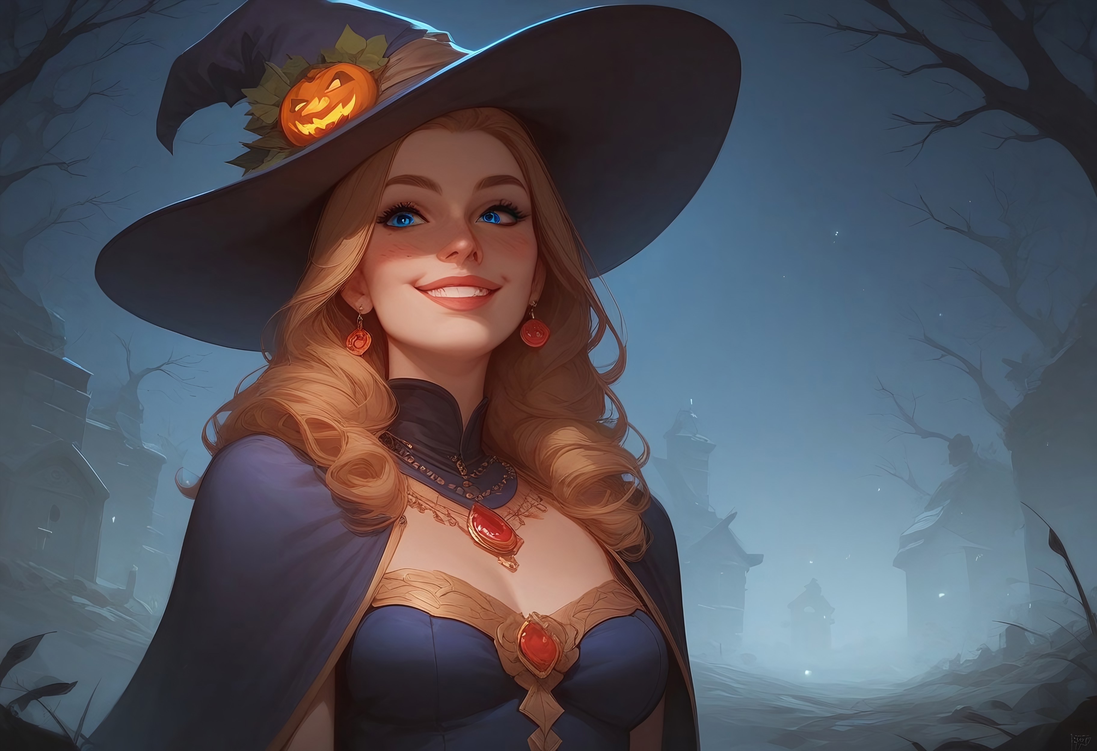 (score_9, score_8_up, score_7_up), Amelie, blonde straight hair, blue eyes, solo, pose, wearing a cute halloween costume, sorceress hat, black sorceress dress, halloween makeup, smiling, cemetery background, stone graves, strange graves, fog, scary, night, moonlight, bats, add details, easynegative, Expressiveh, zPDXL3
