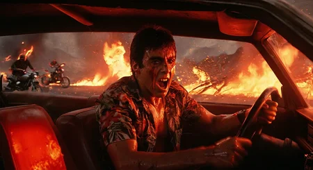 hellish action realism, tony montana wearing an open-collared 1980s tropical print shirt soaked in sweat and ash, seated in the driver’s seat of a scorched muscle car with glowing red rims, gripping the wheel with both hands, teeth clenched mid-scream as flames erupt from behind the vehicle, cinematic medium shot, low angle from passenger seat, molten volcanoes erupting in the background, skeletal demon bikers giving chase through firestorms, intense and explosive mood, harsh directional lighting from burning wreckage, palette of blood reds and sulfurous oranges, inspired by the kinetic motion blur and framing of high-octane car chases
