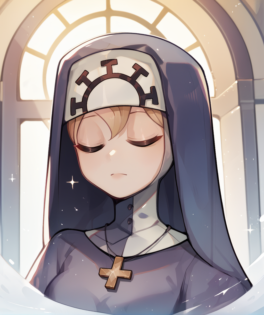 score_9, score_8_up, score_7_up, score_6_up, score_5_up, score_4_up, 
dublexl, closed eyes, 
 upper body,     
nun, blue habit, cross necklace,  
church, shadows, sparkle, light rays, <lora:Doublexl-SG12v6a:1>,