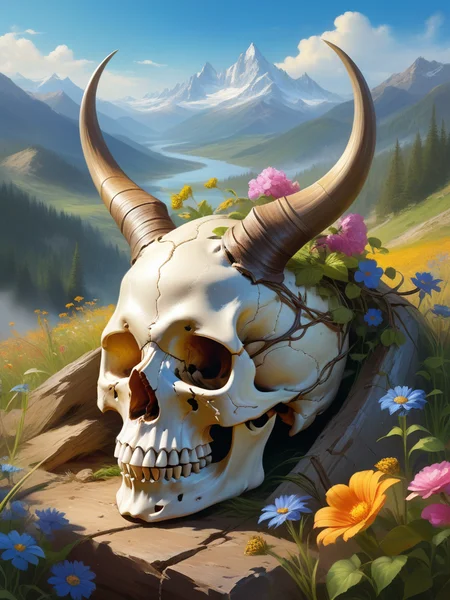 <lora:10NaturalismPainting_Hap_XL:1>, Thomas Moran style,oil painting, Vibrant and dynamic illustrations and vectors, artstation trending, 4k resolution, Masterpiece,highly detailed, <lora:add-detail-xl:0.0001> ,<lora:hand 4:0.0001>,  Vibrant and dynamic illustrations and vectors, artstation trending, 4k resolution, Masterpiece,highly detailed, <lora:add-detail-xl:0.0001> ,<lora:hand 4:0.0001>, In a serene sunlit meadow filled with vibrant wildflowers, a massive dragon skull lies partially buried, the skull's formidable horns stretch upward, adorned with climbing vines and blooming flowers, The intricate details of the skullâs structure with large hollow eye sockets and sharp teeth, The soft hills and distant mountains under a clear blue sky provide a peaceful backdrop,
