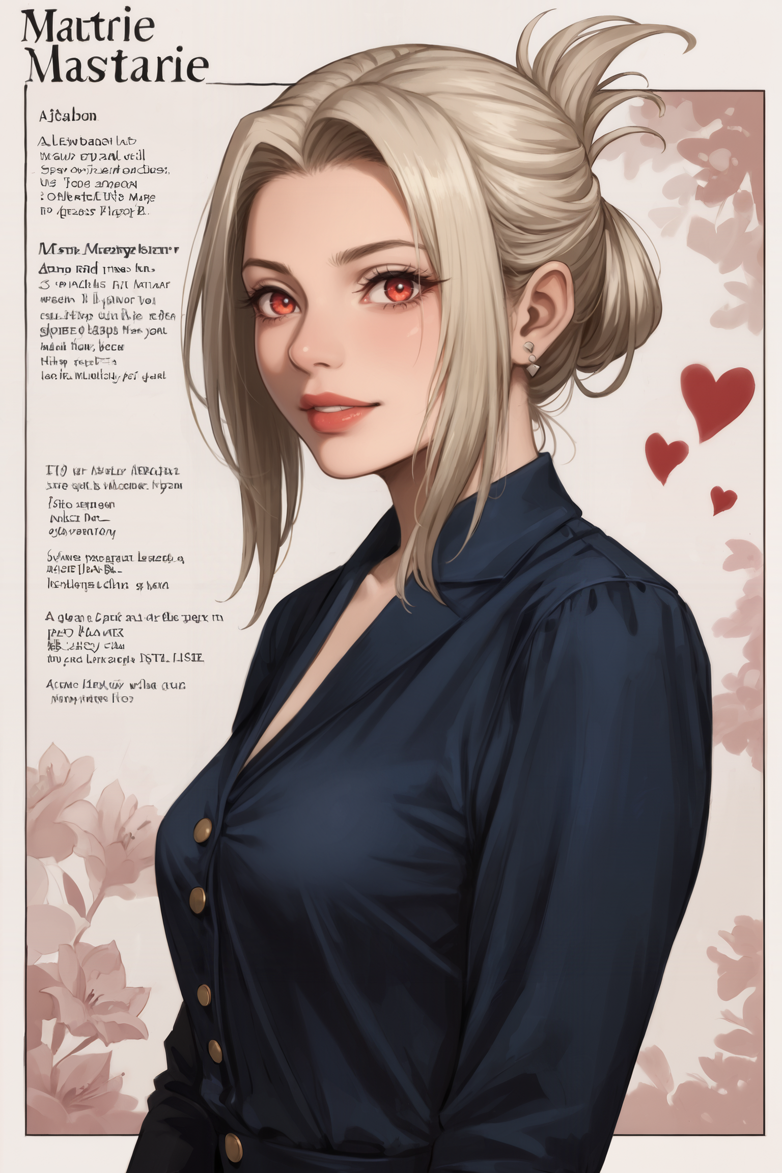 score_9_up, score_8_up, score_7_up, Casual, cell_shading, detailed, detailed background, detailed face, masterpiece, best quality, highly detailed, (realistic face),
1girl , (character sheet:1.3), heart background, out of frame,
BREAK
BREAK
folded ponytail, irisviel_von_einzbern_(cosplay), 
original, sharp,
(ultra realistic, 32k, masterpiece:1.2), (high detailed skin:1.1), (high quality:1.1),  <lora:incase---1:0.3>   <lora:Momono_sukebe_StylePony:0.6> <lora:PulenKompot-Camonome_Style:0.8> <lora:su1zXLP:1> su1z