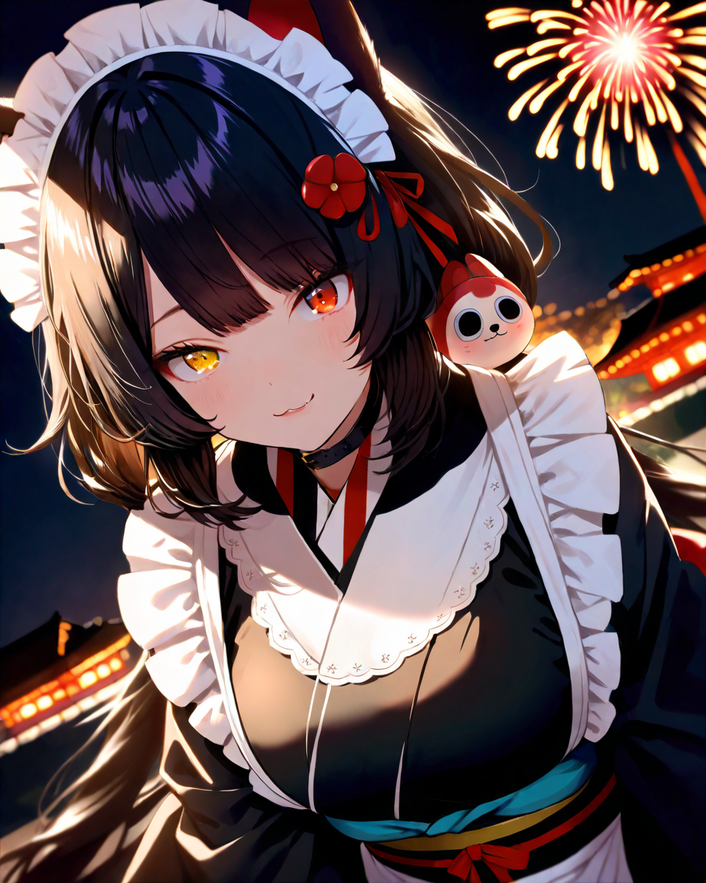 InuiToko,
1girl, solo, dutch angle, upper body,
long hair, black hair, 
maid headdress, animal ears,
yellow eyes, heterochromia, red eyes, 
low twintails,
dog hair ornament,
hair flower,
smile,
black kimono, large breasts,
maid apron, long sleeves,
obi, red ribbon,
night, night sky, big fireworks,
<lora:kp_InuiTokoAnimagineXL_v1_0:1.0>,
BREAK
masterpiece, best quality, absurdres, 
ultra-detailed, realistic, moody lighting,
detailed eyes, depth of field,