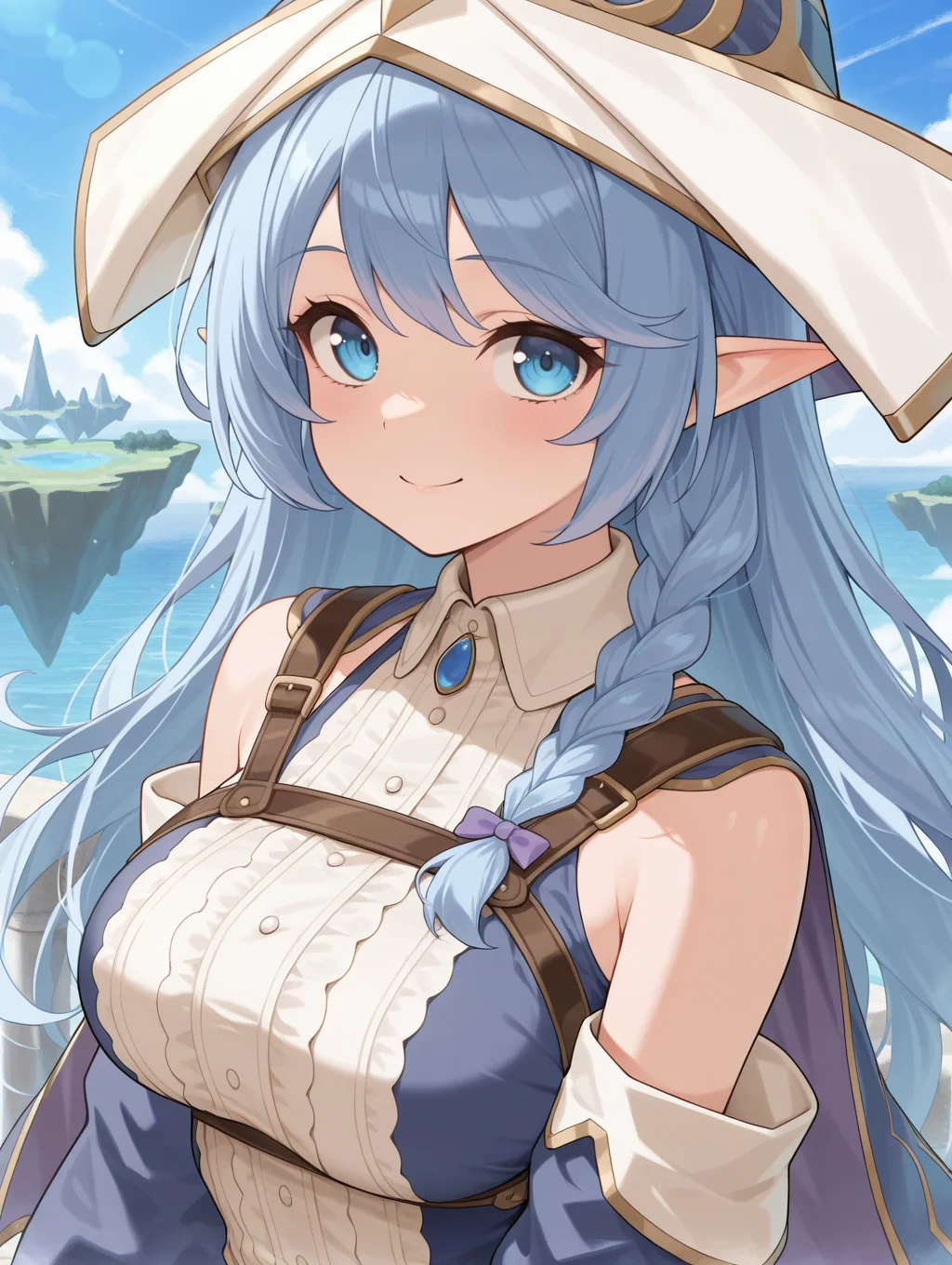 water enchantress of the temple, blue witch hat, witch dress, blue detached sleeves, 1girl, solo, upper body, smile, looking at viewer, outdoor, floating island
masterpiece,best quality,amazing quality,very aesthetic,absurdres,newest,<lora:Water Enchantress of the temple illuXL v1.1:0.7>,