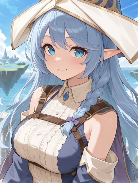 water enchantress of the temple, blue witch hat, witch dress, blue detached sleeves, 1girl, solo, upper body, smile, looking at viewer, outdoor, floating island
masterpiece,best quality,amazing quality,very aesthetic,absurdres,newest,<lora:Water Enchantress of the temple illuXL v1.1:0.7>,