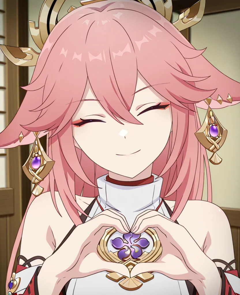 masterpiece, best quality, amazing quality, highres, absurdres, <lora:Eufoniuzs_Anime_Screencap_illustrious_2:1>, flat color, anime screencap, anime coloring, yae miko, detached sleeves, chinese clothes, heart hands, portrait, looking at viewer, smile, closed eyes, head tilt,