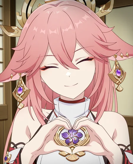 masterpiece, best quality, amazing quality, highres, absurdres, <lora:Eufoniuzs_Anime_Screencap_illustrious_2:1>, flat color, anime screencap, anime coloring, yae miko, detached sleeves, chinese clothes, heart hands, portrait, looking at viewer, smile, closed eyes, head tilt,