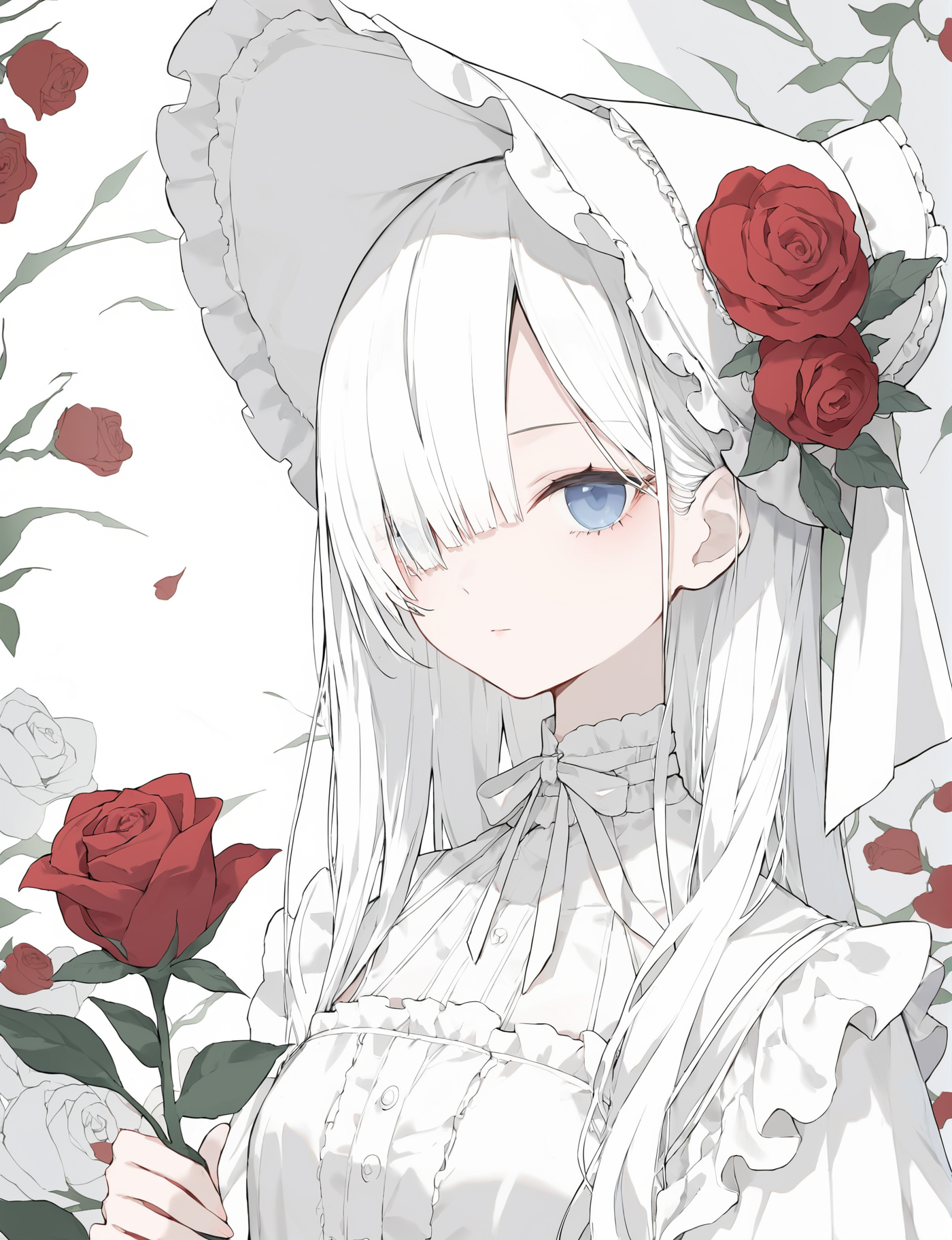 score_9,score_8_up,score_7_up,source_anime,
1girl,flower,rose,solo,long hair,red flower,white hair,looking at viewer,upper body,dress,white flower,red rose,blue eyes,frills,bangs,white dress,holding,bonnet,closed mouth,expressionless,white headwear,white rose,white theme,holding flower,hat,flower over eye,simple white flower background,<lora:ãããã-Torino-0.8-0.4:1>,<lora:Expressive_H:0.8>,