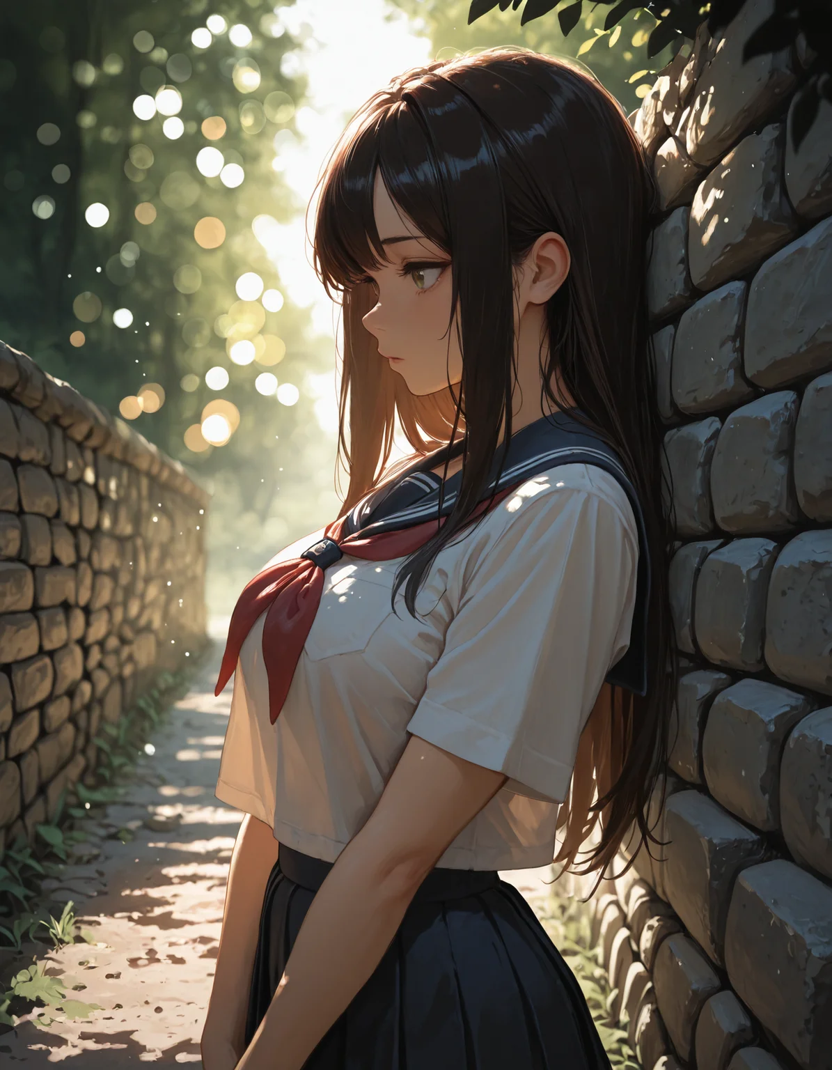 masterpiece, newest, absurdres, incredibly absurdres, best quality, amazing quality, very aesthetic, painterly, simple white background,
1girl, dappled sunlight, (bokeh:1.4), light particles, blurry, long hair, school uniform, nature, stone wall, backlighting