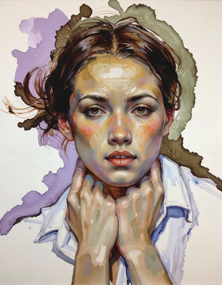 By Craig Hanna. A portrait of a woman with an expressive expression, painted in a realistic style with a focus on texture and color. the woman is positioned in the middle of the image, with her upper body facing the viewer. she appears to be in her mid-twenties, with dark brown hair styled in a messy bun on the left side of her face. her eyes are a bright orange, and she has a serene and contemplative expression. her lips are slightly parted, as if she is about to say something. she is wearing a white shirt, and her hands are clasped together in front of her neck. the background is a soft gradient of light purple and white, with splashes of green and brown, creating a sense of movement and energy. the style is reminiscent of contemporary art, with bold lines and vibrant colors that bring the subject to life.
