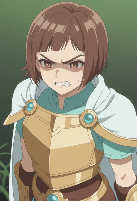 score_9, score_8_up, score_7_up, anime screencap, BREAK, 1girl, solo <lora:DX888Kazusa:1> onodera kazusa, brown eyes, brown hair, thick eyebrows, bob cut, micro bangs, BREAK
angry, rage, furious, half-closed eye, v-shaped eyebrows, clenched teeth, shaded face,, in a swamp, fog, green mist ,, Paladin, armored, golden, white cape, holy armor, breastplate,