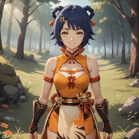 score_9, score_8, BREAK, solo, Xiangling_(Genshin_Impact), orange thigh brace, dark blue hair, yellow eyes, hair ornament, hair rings, braid, chinese clothes, hairclip, dress, short hair, bangs, sleeveless, bare shoulders, dot eyebrows, self portrait, smile, looking at viewer, outdoors, sunlight, shadows, evening lighting, natural lighting, forest, trees, grass, orange sky, sunset