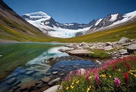 (no humans, Environmental Portraiture, Naturalistic outdoors, environment, reflecting lifestyle), (a mountain glaciar melting surrounded by colorful flowers and herbs, clear water, (stony bottom visible:1.06), (high resolution), (high definition), sandbank birches, mountain meadow,)rim lighting, soft bokeh perfect details, perfect shadows, (dappled sunlight:1.12), light rays, particle lighting, high details, (reflective body decorations), (pui:0.01) (trending:0.92) )(RAW:0.96),subsurface tering,(high resolution photograph:1.28),high definition,masterpiece, <lora:LCMTurboMix_Euler_A_fix.safetensors:0.96:0.3> p8,s1