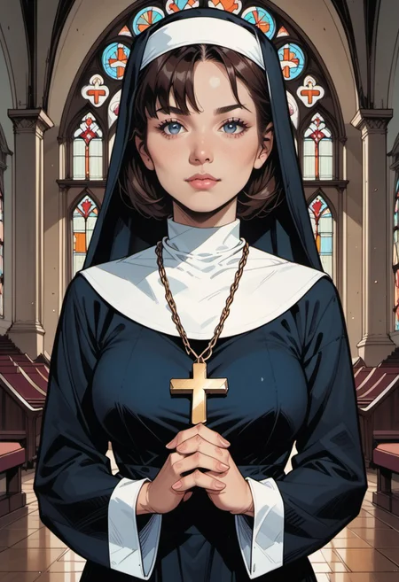 score_9, score_8_up, score_7_up, source_anime, 1woman, mature, human female, human, detailed face, jawline, smooth skin, beige skin, beautiful eyes, blue eyes, brunette, big breasts, bob cut hair, nun, habit, long sleeves, dress, black dress, jewelry, black veil, cross, cross necklace, church,