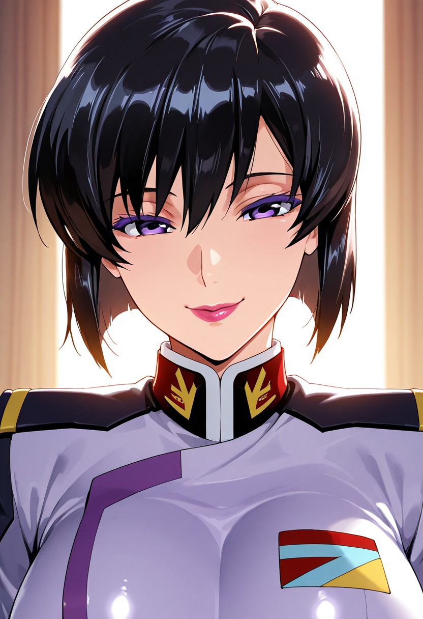 1girl, Natarle Badgiruel \(Gundam SEED\),, adult woman, masterpiece, military uniform, black hair, short hair, luscious lips, lipstick, smile, large breasts, portrait, colored eyelashes, backlighting, purple eyes, goddess, glossy skin, ,hires,best quality, very aesthetic,absurdres,score_9, score_8_up, score_7_up, score_6_up, score_5_up, score_4_up, (hyper extreme detailed), (hyper quality), game CG, (colour:1.2),(from side:0.7)