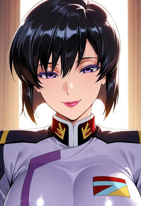 1girl, Natarle Badgiruel \(Gundam SEED\),, adult woman, masterpiece, military uniform, black hair, short hair, luscious lips, lipstick, smile, large breasts, portrait, colored eyelashes, backlighting, purple eyes, goddess, glossy skin, ,hires,best quality, very aesthetic,absurdres,score_9, score_8_up, score_7_up, score_6_up, score_5_up, score_4_up, (hyper extreme detailed), (hyper quality), game CG, (colour:1.2),(from side:0.7)