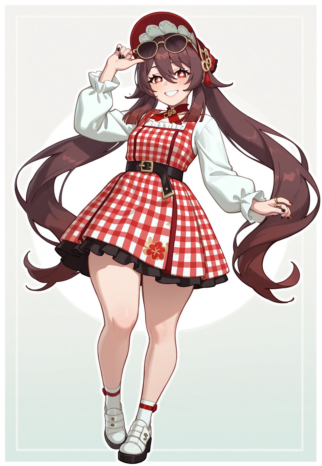 , rizdraws ,Expressiveh ,masterpiece, amazing quality, best quality, absurdres, aesthetic, BREAK, score_9, score_8_up, score_7_up, source_anime, BREAK,

1girl, solo,  brown hair, symbol-shaped pupils, red eyes, black nails, eyewear on head, sunglasses, white footwear, long hair, hu_tao_(genshin_impact), ring, eyewear_on_head, brown_hair, smile, jewelry, looking_at_viewer, nail_polish, red_eyes, symbol-shaped_pupils, red_nails, thick_thighs, twintails, 

<lora:country-fashion-illustriousxl-lora-nochekaiser:1>, country fashion, mori kei, gingham dress, gingham, fashion, headscarf, bonnet,