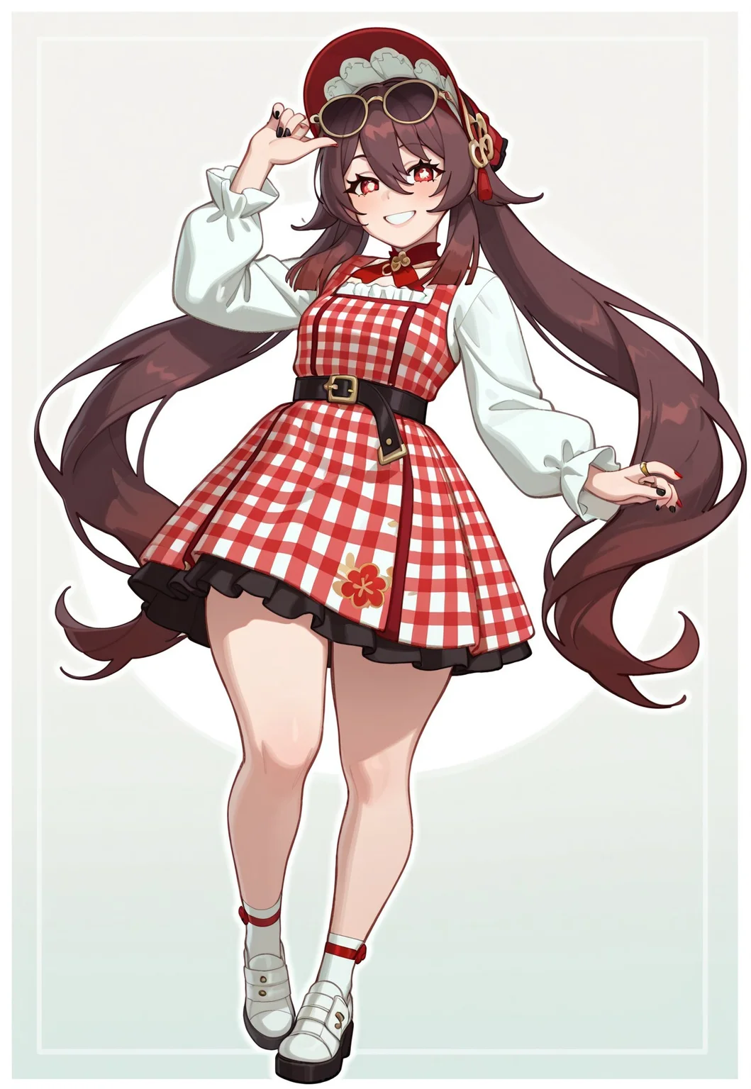 , rizdraws ,Expressiveh ,masterpiece, amazing quality, best quality, absurdres, aesthetic, BREAK, score_9, score_8_up, score_7_up, source_anime, BREAK,
1girl, solo, brown hair, symbol-shaped pupils, red eyes, black nails, eyewear on head, sunglasses, white footwear, long hair, hu_tao_(genshin_impact), ring, eyewear_on_head, brown_hair, smile, jewelry, looking_at_viewer, nail_polish, red_eyes, symbol-shaped_pupils, red_nails, thick_thighs, twintails,
<lora:country-fashion-illustriousxl-lora-nochekaiser:1>, country fashion, mori kei, gingham dress, gingham, fashion, headscarf, bonnet,