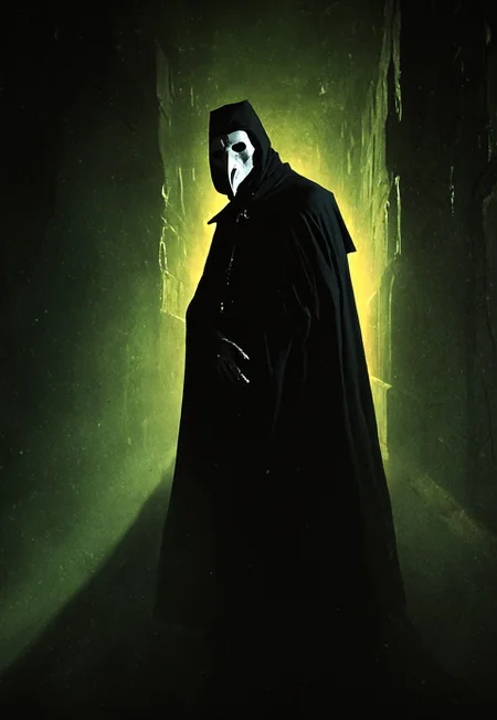(Masterpiece, Best Quality, Highres:1.4), (dramatic, cinematic:1.2) color wash, ink wash, illustration, storytelling, A cinematic, gritty fantasy poster, moody portrait of ethereal plague doctor lunging toward you, background pitch black catacombs, he is partially cloaked in darkness, high contrast, strong contrast between light and shadow, solo, neo-noir ethereal portrait, chrome-kissed halides, golden venetian blind streaks of light running across the face with the rest of the room surrounded by deep shadows, slicing across their face and shoulder in alternating bands. The scene evokes 1940s noir with a modern twist—polished, seductive, and full of latent danger., aidmamj6.1, 3xpr3sgg0th1cn30n1nc4s3, ExpresHGothicNeonIncaseUOC, ExpresHGothicNeonIncase, 