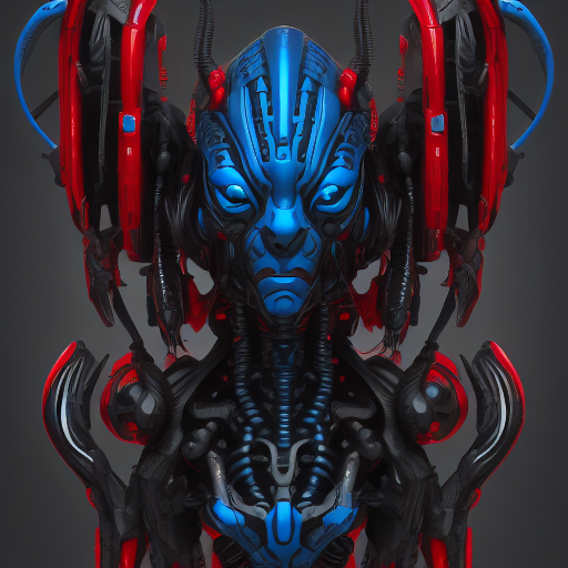 blue skin, cowboy shot, solo, red eyes, tube, lipstick, looking at viewer, mechanical parts, shoulder armor