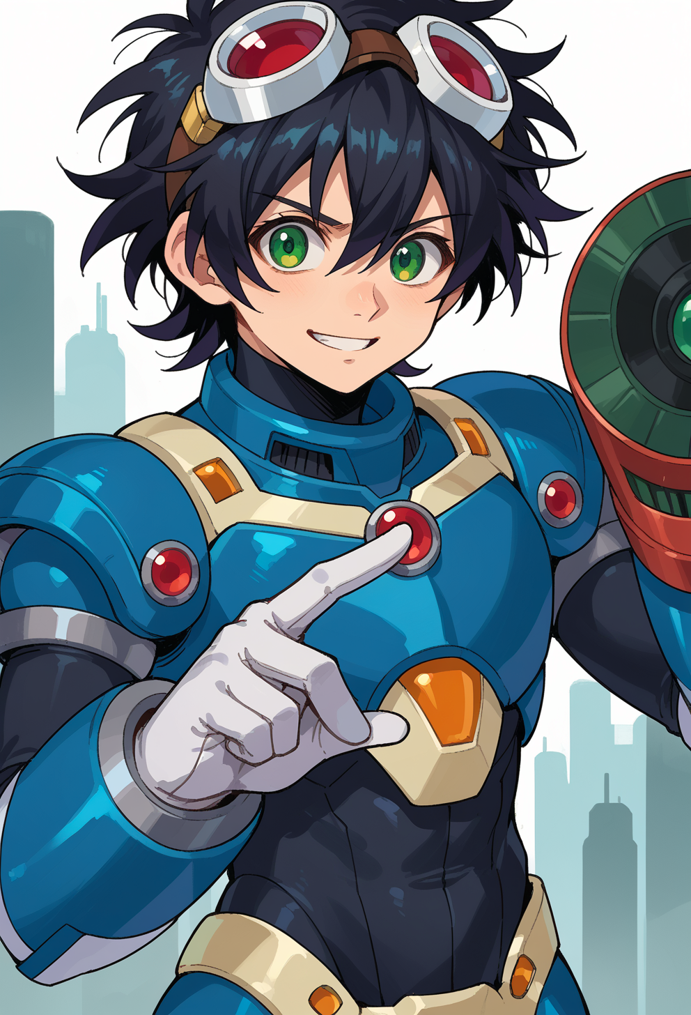 score_9, score_7_up, source_anime, solo, BREAK  <lora:Reploid_v2.0:0.8> megamanreploid, android, gloves, white gloves, armor, bodysuit,   helmet, arm cannon, blue armor,, solo, smile, 1boy, green eyes, short hair, black hair, bangs, hair between eyes, messy hair, (goggles on head:1.2),